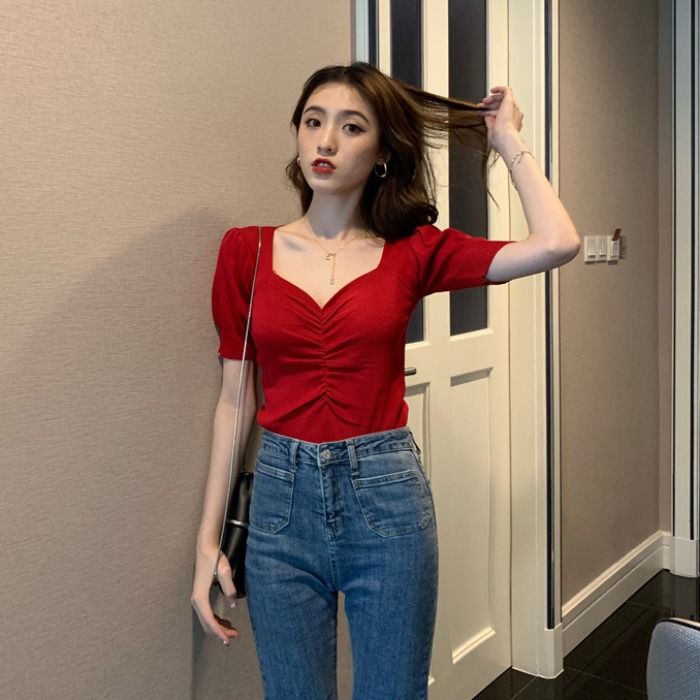 Áo Sweater Tay Ngắn Phồng Cổ Chữ V Phong Cách Hàn Quốc Thời Trang Mùa Hè Mới 2022 Dành Cho Bạn Nữ