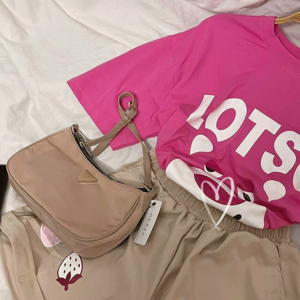 Set áo thun gấu hồng + quần short nude hoạ tiết siêu cute đi chơi dạo phố siêu hợp