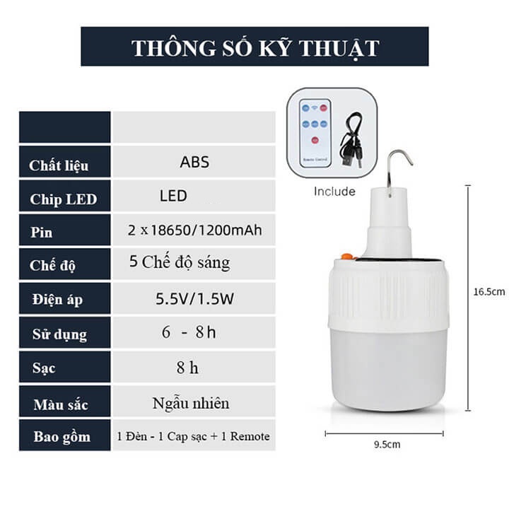 Bóng đèn Led sạc tích điện năng lượng mặt trời 100W, 5 chế độ sáng, chống nước IP65, có điều khiển từ xa và cap sạc điện