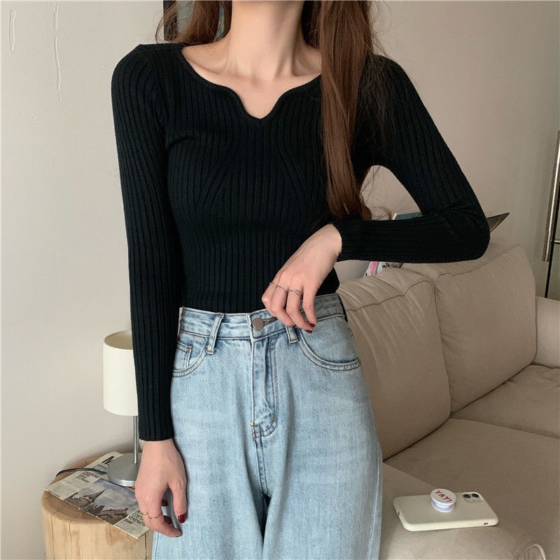 Áo len dài tay cổ chữ V thiết kế dáng ôm thời trang thu đông cho nữ