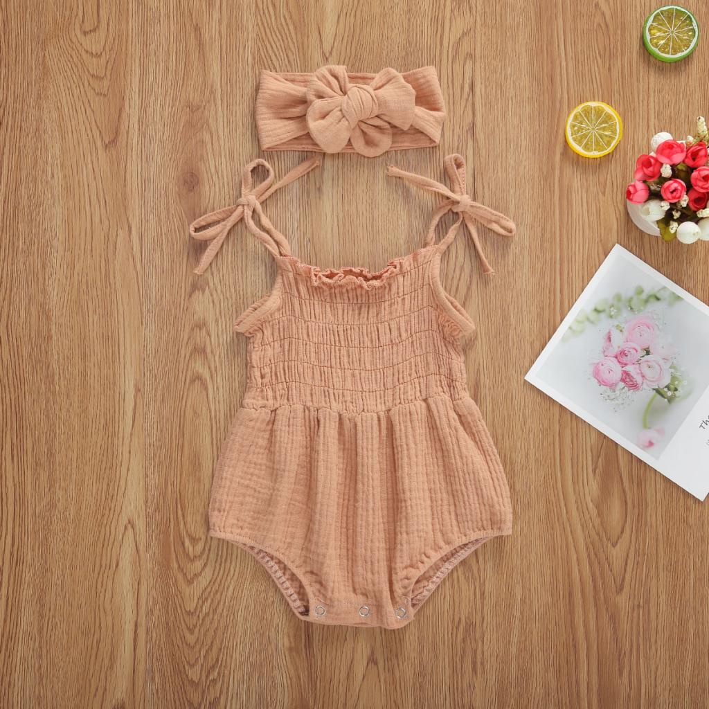 Bộ Áo Liền Quần Hai Dây Phối Bèo Màu Sắc Trơn Kèm Băng Đô Cài Tóc Xinh Xắn Cho Bé Gái