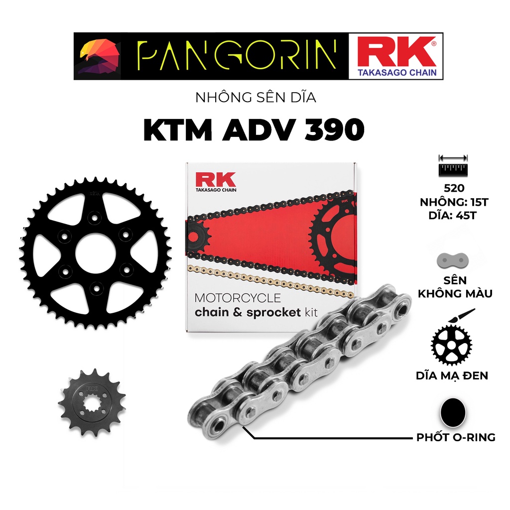 Nhông Sên Dĩa RK Takasago KTM ADV 390 - Nhông Dĩa thép đen - Sên 520-KLO2, màu xám, phốt O-ring