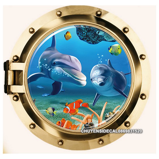Decal trang trí tường - Cửa sổ tròn 3D Cá Heo