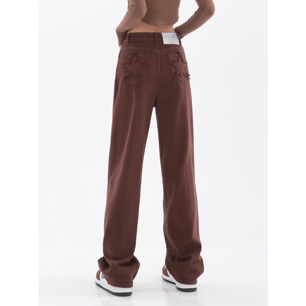 Quần jeans nâu cạp cao, quần jeans nữ dài ống rộng phong cách_j27
