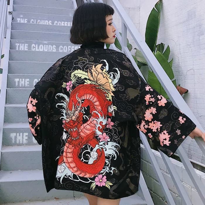 Áo kimono Dáng Rộng In Hình Rồng yukata Hapi Kim-03 Chất Lượng Cao