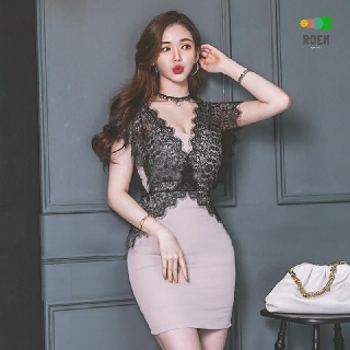 Đầm nữ cổ chữ v phối ren ôm eo thời trang thanh lịch