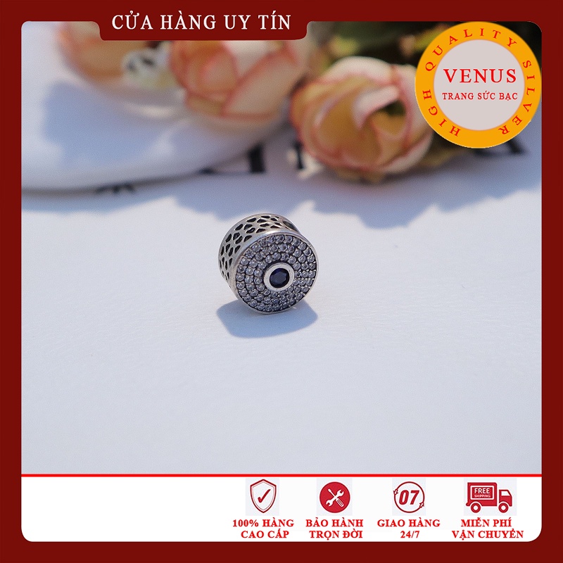 [Hàng cao cấp] Charm bạc 925 hình trụ mặt đá xanh đậm- Mã sản phẩm VENUS