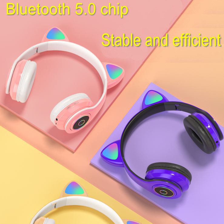 Tai Nghe Bluetooth 5.0 Không Dây Chống Ồn Hình Tai Mèo Có Đèn LED Và Mic Đầu Cắm 3.5mm