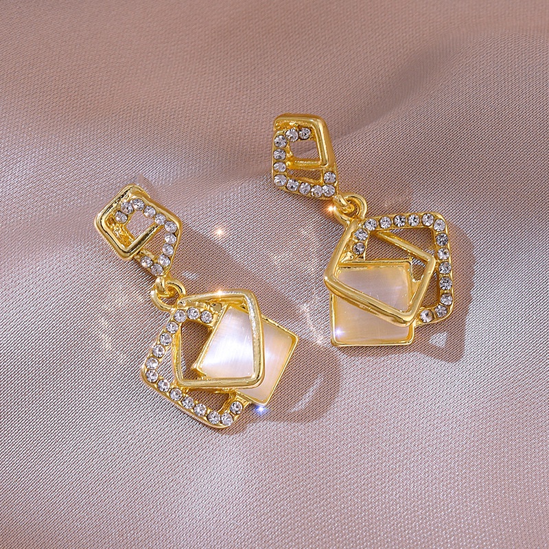 Bông tai nữ bạc s925 dáng thả hình vuông đính đá sang trọng thời trang Hàn Quốc Lémi accessories