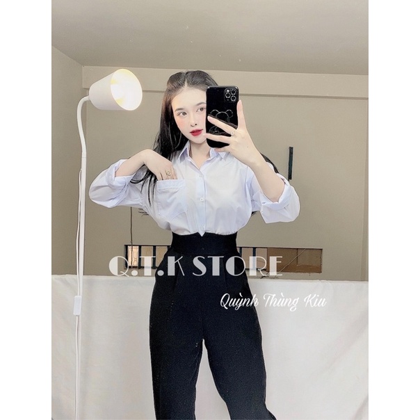 Sơ mi tay dài màu trắng xanh