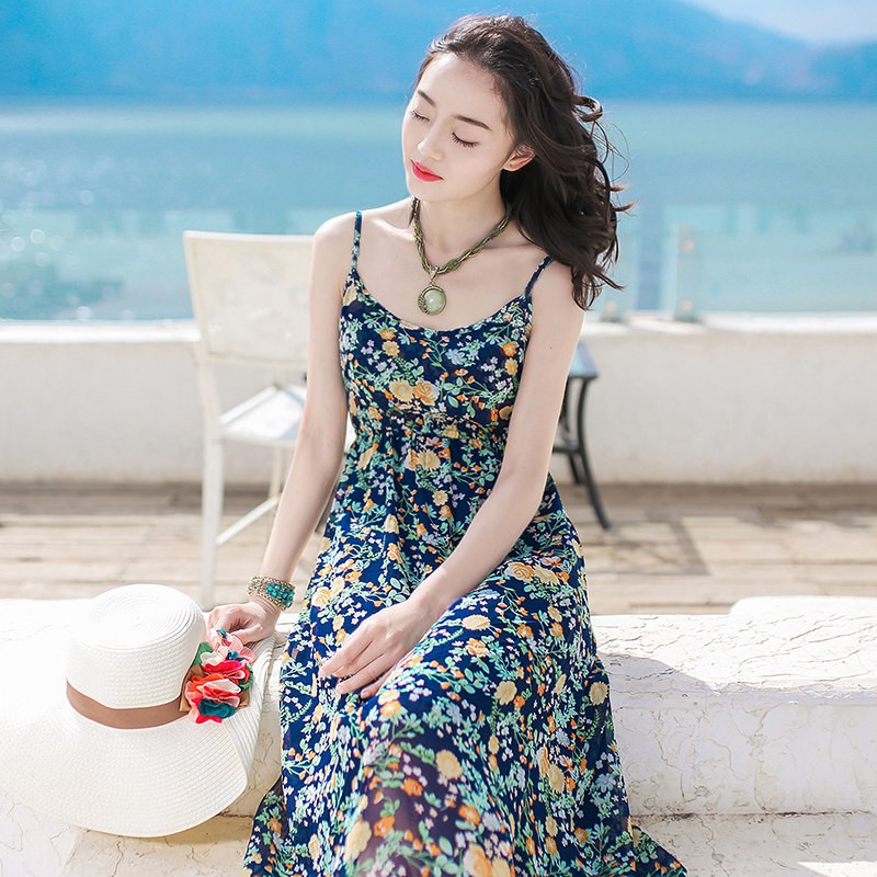 ♟2021 cảm giác văn học và nghệ thuật cấp cao mới của phụ nữ mùa xuân hè váy dài nền gợi voan hoa