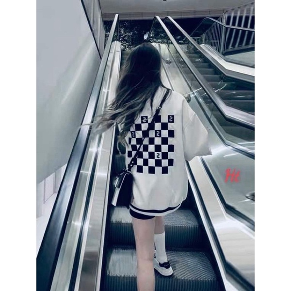Áo bomber gió trắng bàn cờ H26