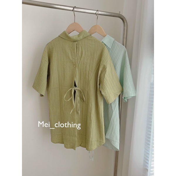 Áo sơmi gân tay lỡ xẻ lưng cách điệu, sơ mi nữ gợn sóng buộc nơ lưng A4