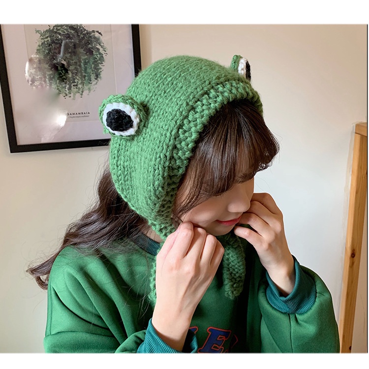 Mũ beanie dệt kim hình ếch mắt to hoạt hình giữ ấm mùa đông cho nữ