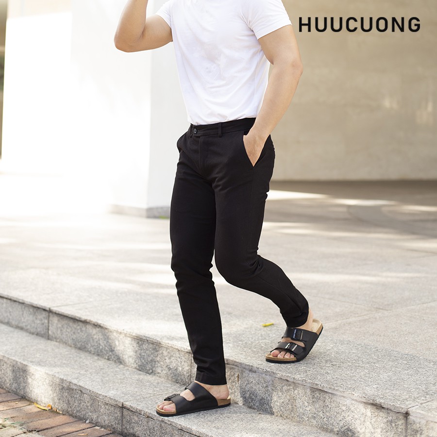 Dép unisex 2 Khóa HUUCUONG Quai Da Thật Màu Đen Đế Trấu