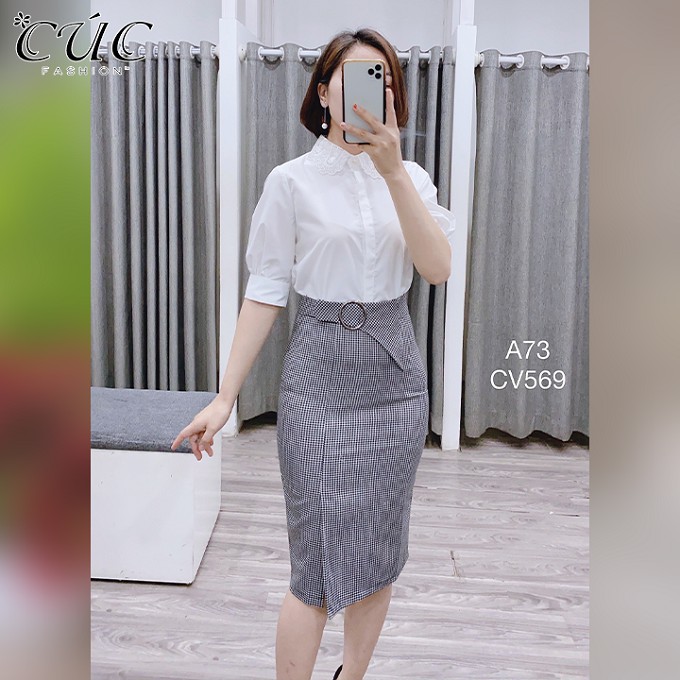 Chân váy đầm bút chì công sở cao cấp dáng dài Cúc Fashion CV569 cv kẻ đai tròn