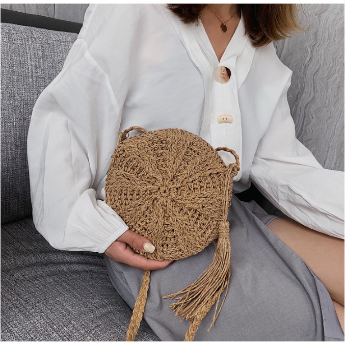 Túi xách dáng tròn đan sợi cói thời trang đi biển cho nữ