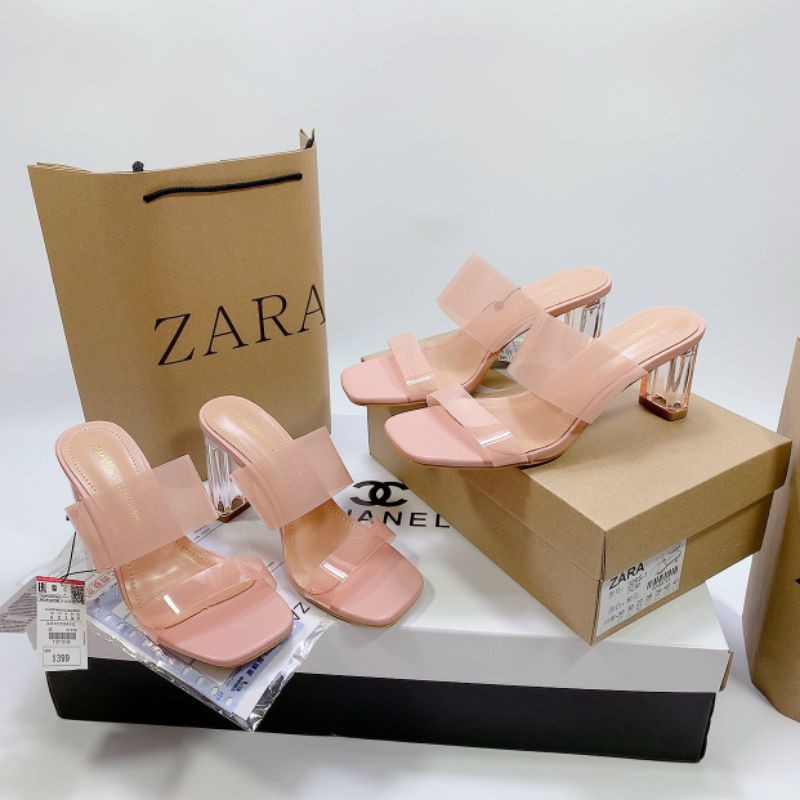 (ẢNH THẬT) Guốc Zara Quai Hồng Trong Mica Gót Trong 7p 9p Mềm Êm Fullbox Hãng Cao Cấp