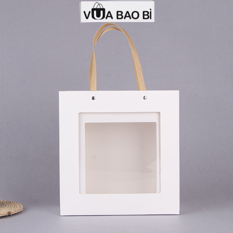 Hộp quà ngày phụ nữ quà sinh nhật, tốt nghiệp cửa sổ trong suốt kèm rơm lót và túi đựng quà quai nhựa độc đáo VUABAOBI