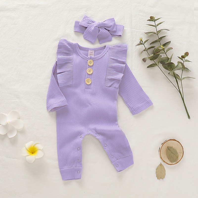 Set áo liền quần + Băng đô nơ dễ thương xinh xắn cho bé gái sơ sinh