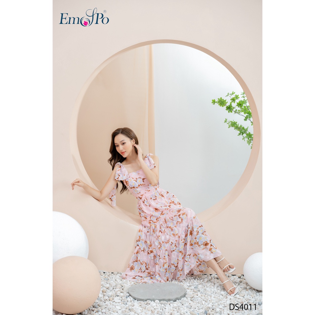 Đầm xòe hai dây đuôi cá, đính nơ vai Emspo DS4011