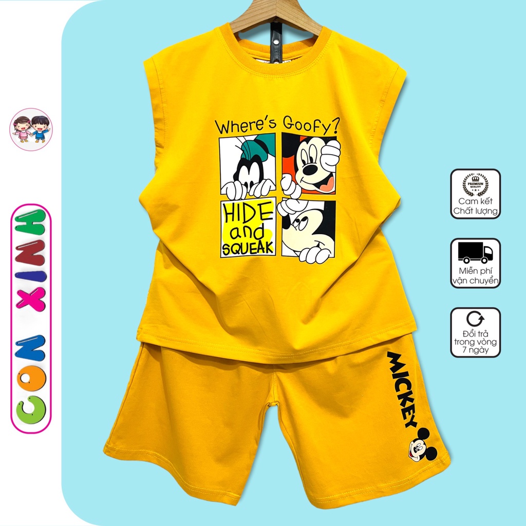 Đồ bộ bé trai Con Xinh cotton sát nách hình in 3 chú chuột MIC, thời trang mùa hè cho trẻ em từ 14 đến 45kg