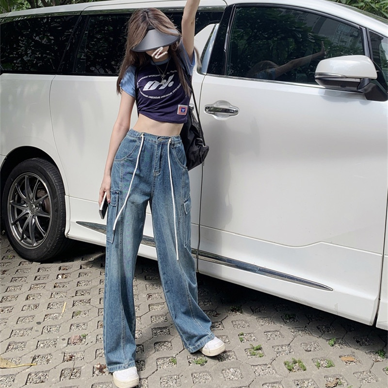 Quần Jean Lưng Cao Ống Suông Rộng Thời Trang Retro Hiphop Cá Tính