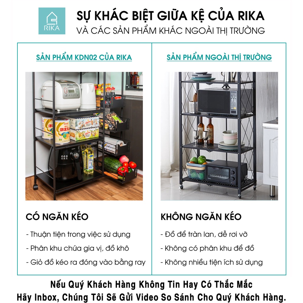 Kệ nhà bếp để đồ đa năng thông minh 3 4 tầng Rika KDN-02 thép carbon không rỉ, có bánh xe để nồi cơm điện lò nướng