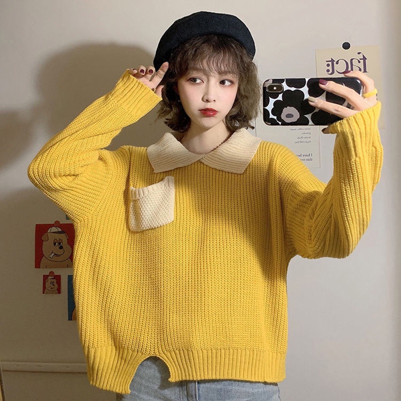 Áo sweater IELGY cổ Polo dáng rộng dài tay phối màu đối lập phong cách Hàn Quốc cho nữ