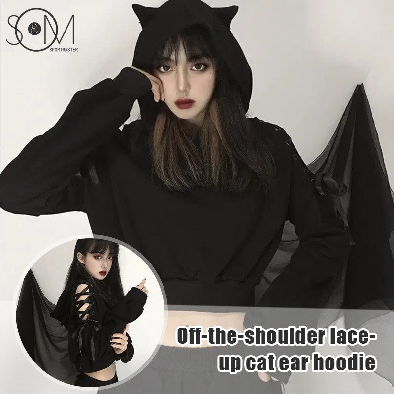 Áo Hoodie Màu Đen Dáng Rộng Phối Tai Mèo Dễ Thương Phong Cách Harajuku Cho Nữ