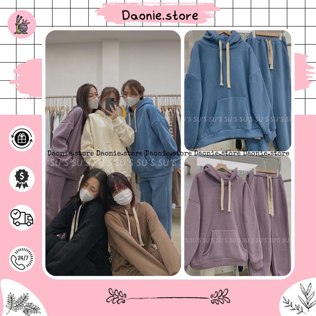 Set Hoodie trơn dài tay bồng nhiều màu nam nữ ♥ Bộ quần áo nỉ chui đầu dày dặn mùa đông phong cách unisex ♥