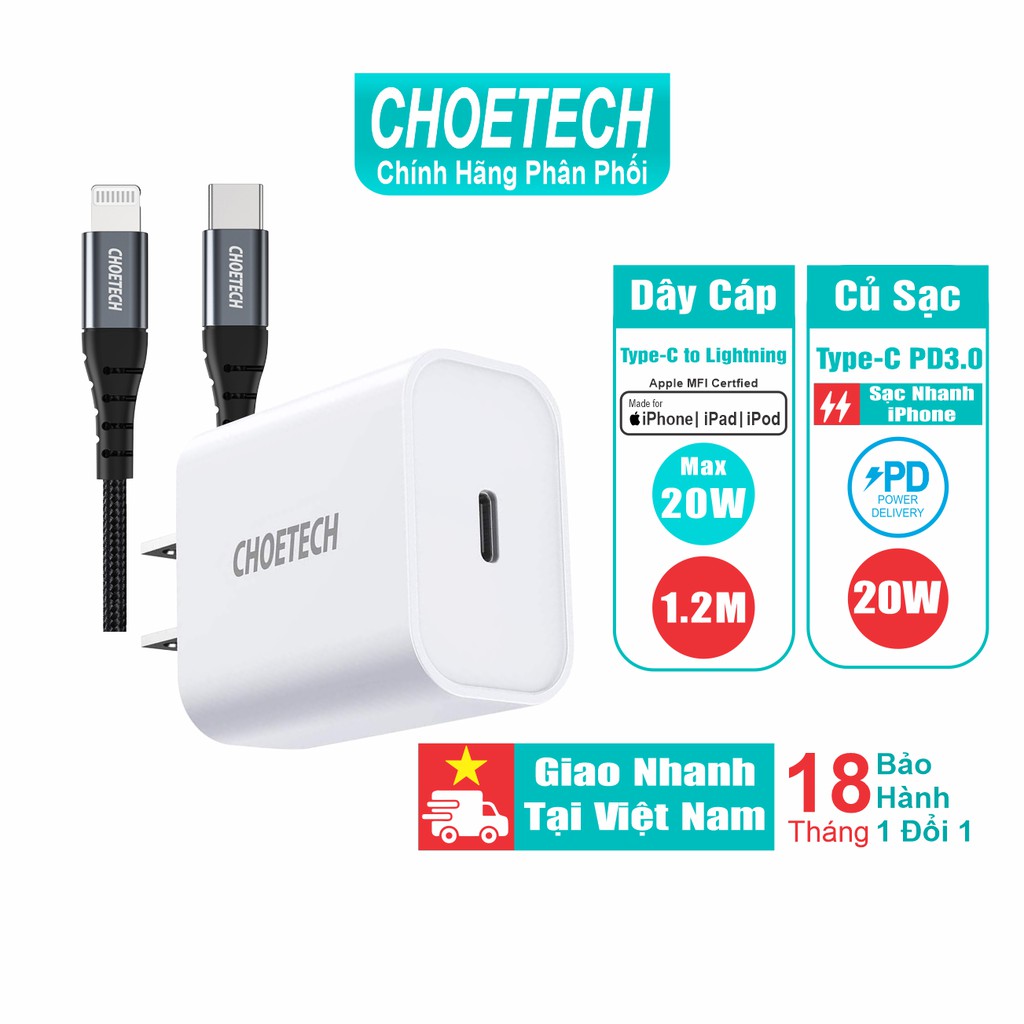 Bộ Củ Sạc CHOETECH PD 3.0 20W PD5005-W + Cáp Type C To Lightning MFI Apple 1.2M IP0039 Sạc Nhanh iPhone-Hàng Chính Hãng