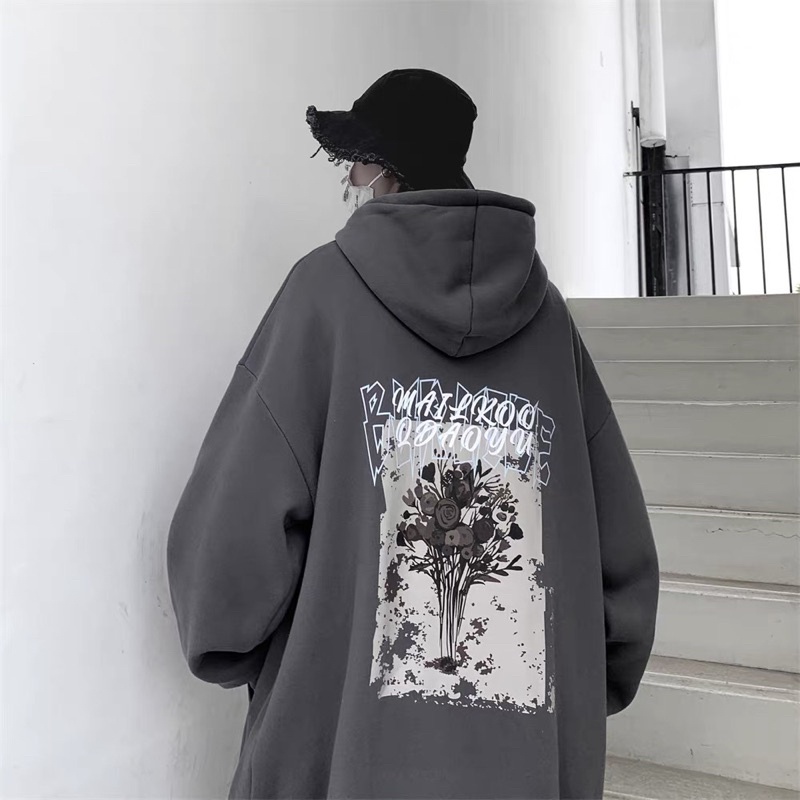 Áo Hoodie Nỉ Bông Dài Tay Unisex Hoạ Tiết Bông Hồng