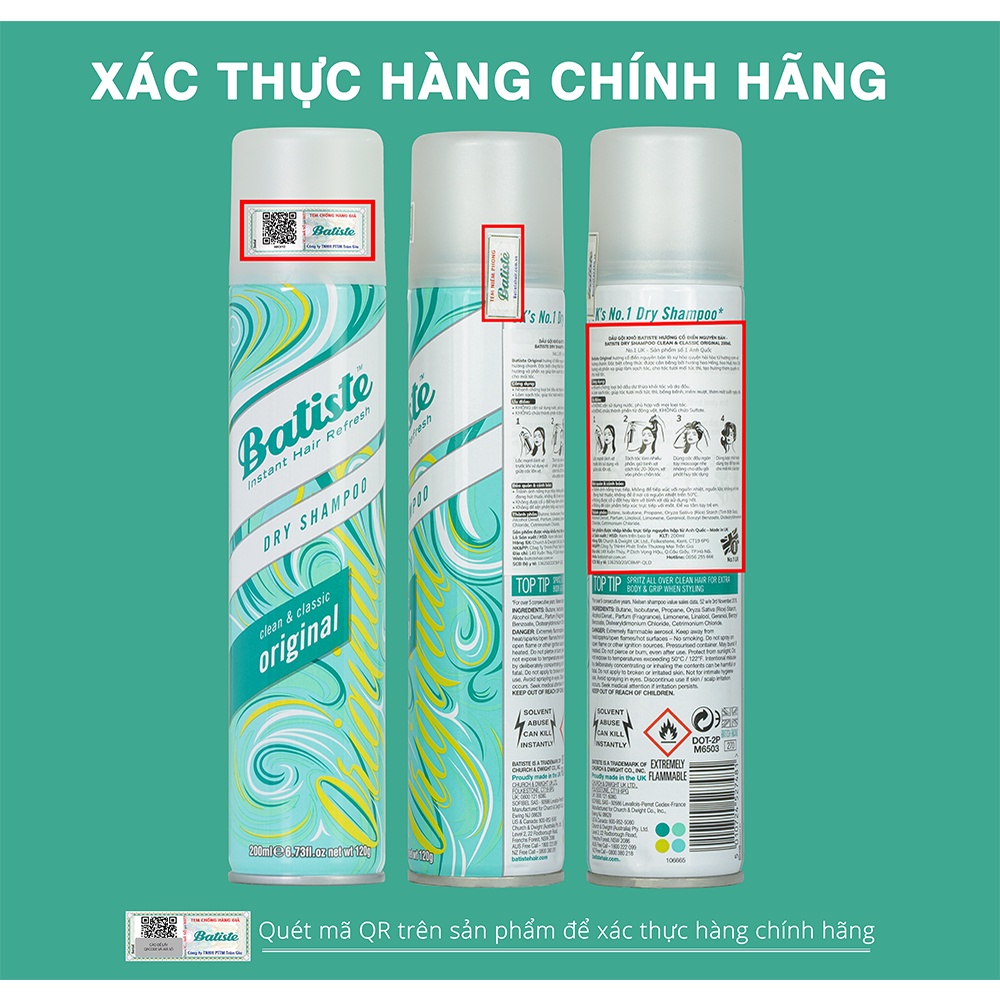 [COMBO TIẾT KIỆM] 3 Chai Dầu Gội Khô Batiste Dry Shampoo Clean &amp;Classic Original 200ml/50ml Hương Thơm Cổ Điển Nhẹ Nhàng