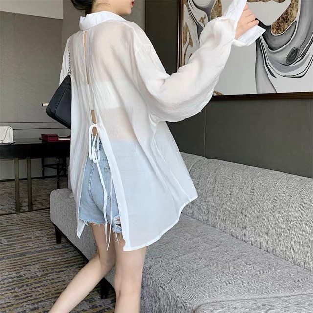 Áo sơ mi oversize xẻ lưng buộc nơ m42