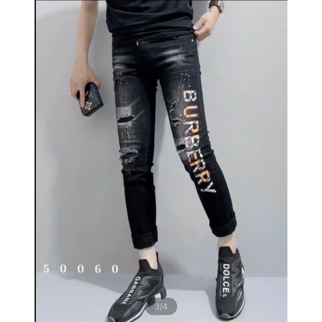 Quần jean dài nam đen vải denim rách form cao cấp chất bò phối chữ vải dày đẹp co giãn PVT FASHION