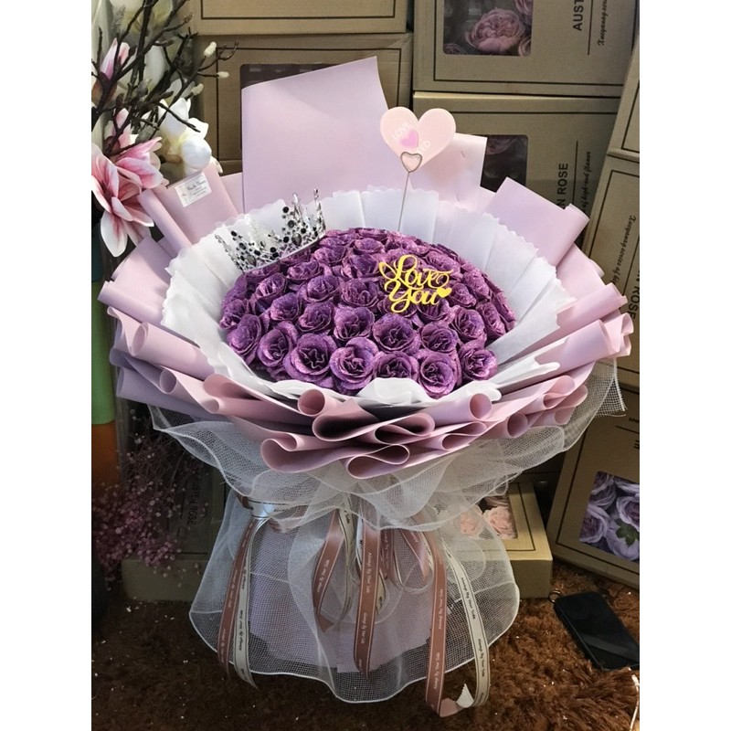 [Hoa sinh nhật - Nowship] Bó hoa nhũ 60 bông siêu to khổng lồ. Gói giấy Hàn xịn, ko nhăn gãy. Tặng thiệp. Mẫu độc quyền