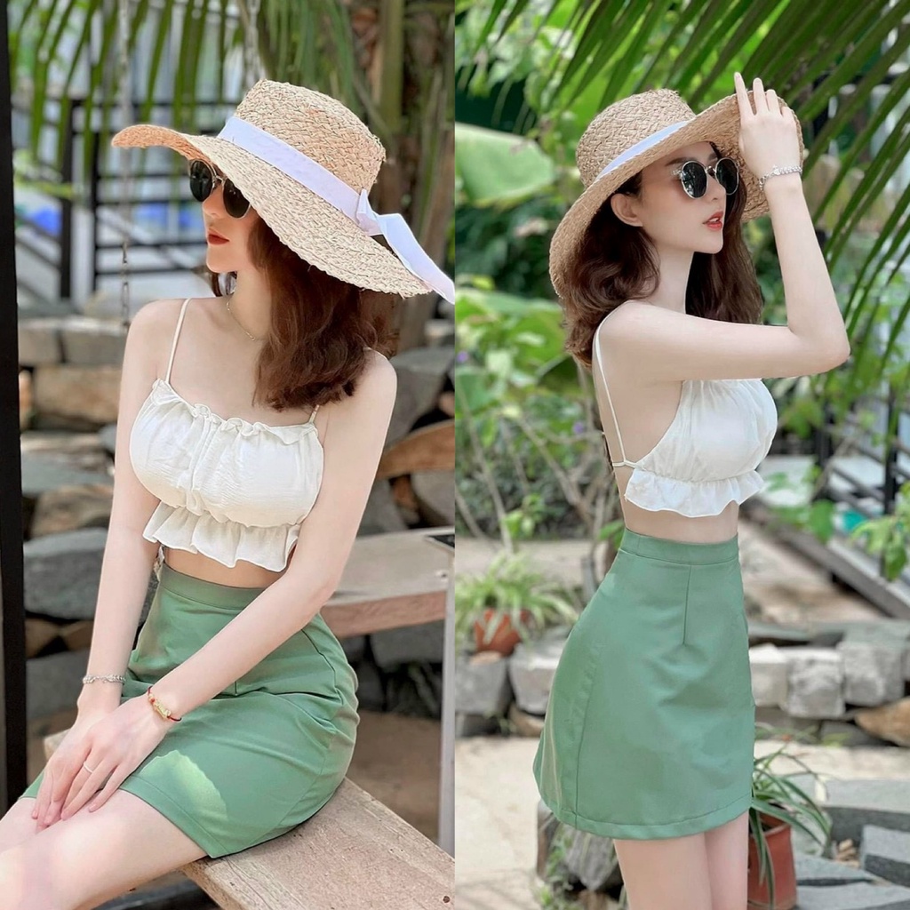 Sét bèo 2 dây áo đũi (Có mút) kèm chân váy xinh xắn đi chơi, đi biển