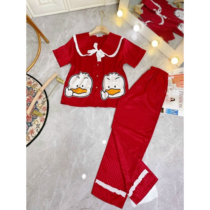 Bộ Pijama Lụa Gấm Cao Cấp in Hình Dễ Thương , Chất Gấm Mềm Mịn Sang Chảnh ( Video thật )