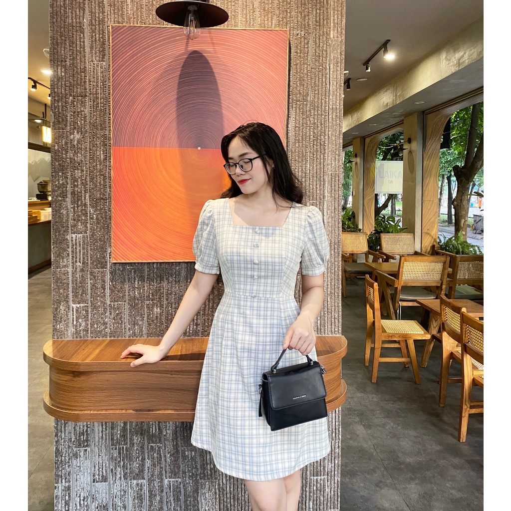 Đầm nữ váy nữ thiết kế BIGSIZE  kẻ caro cổ vuông tay bồng VAA03-