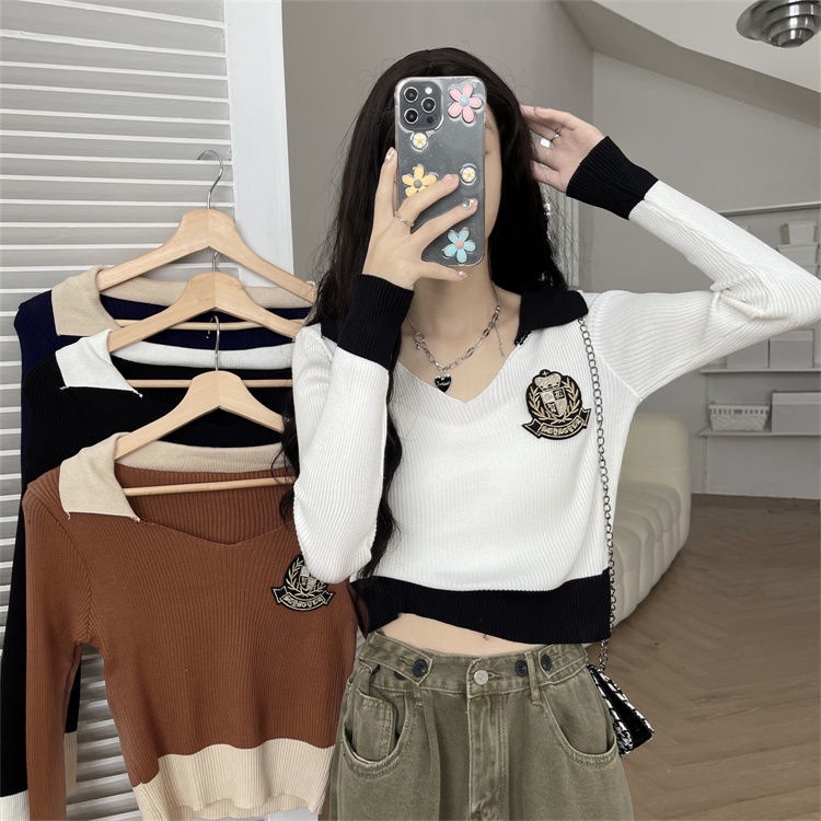 Áo polo Dệt Kim Tay Dài Dáng Ôm Lưng Cao Thời Trang Mùa Thu Cho Nữ