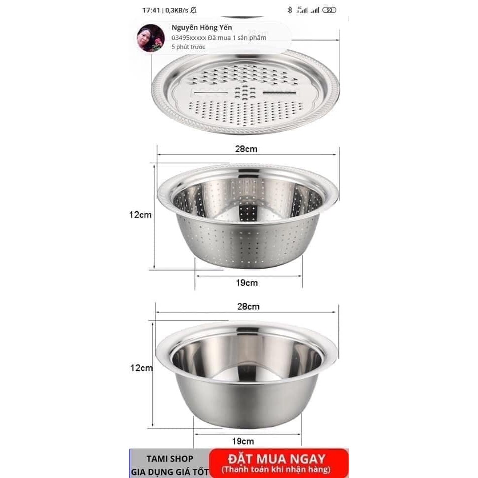 [freeship] SÉT RỔ NẠO INOX 3in1 SIÊU TIỆN LỢI vừa to, dầy