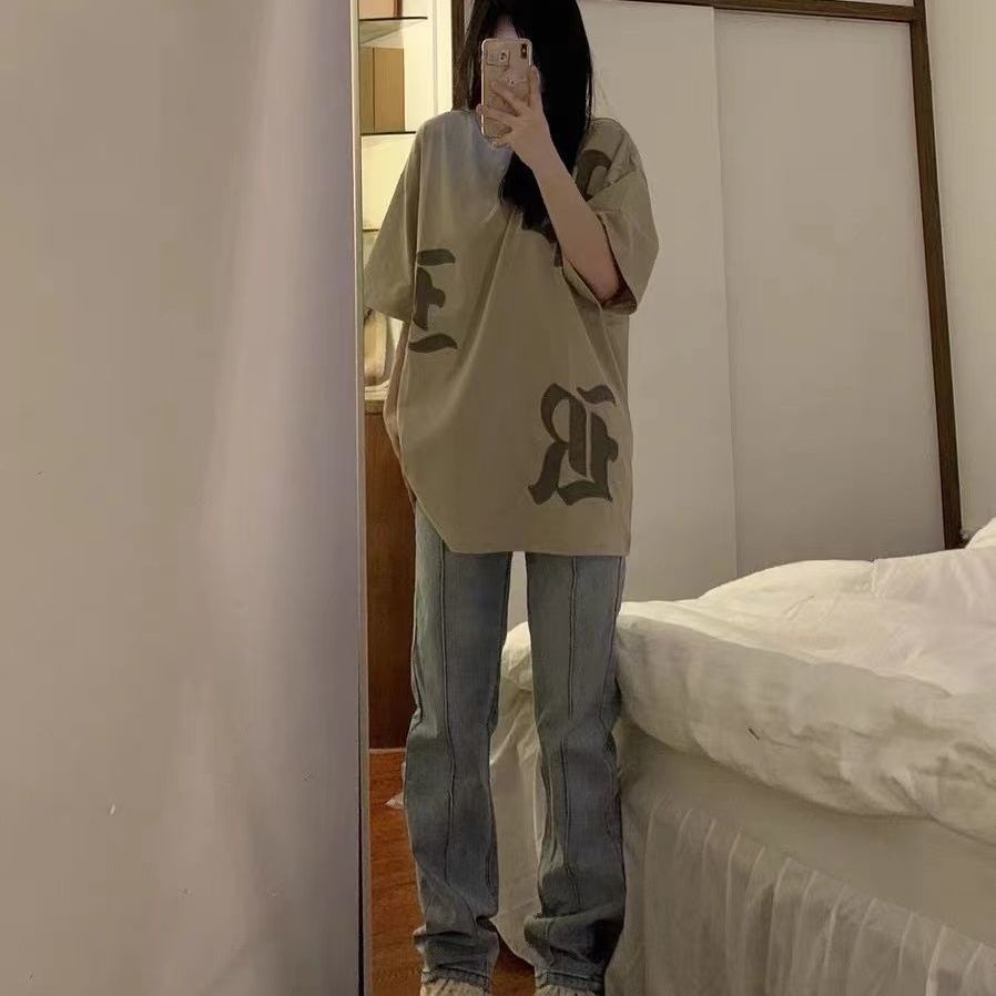 Áo thun 100% cotton tay ngắn dáng rộng thêu chữ cái phong cách Hàn Quốc Mỹ retro thời trang mùa hè mới cho nữ WE6F
