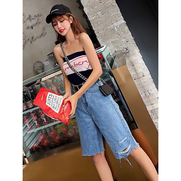 Quần jean ngố / lửng / 5 tấc BIGSIZE lưng cao, rách bụi đẹp, in hình mèo chuột 4153 Moliruan