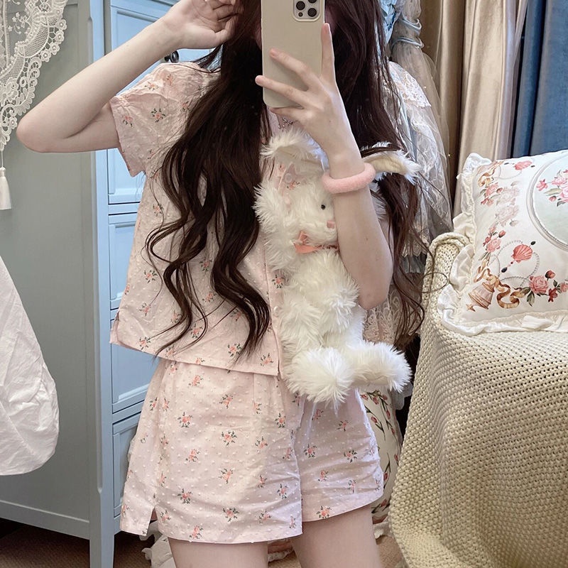 Bộ Đồ Ngủ Tay Ngắn In Họa Tiết Hoa Phong Cách Pháp Thiết Kế Mới Thời Trang Mùa Hè Cho Nữ