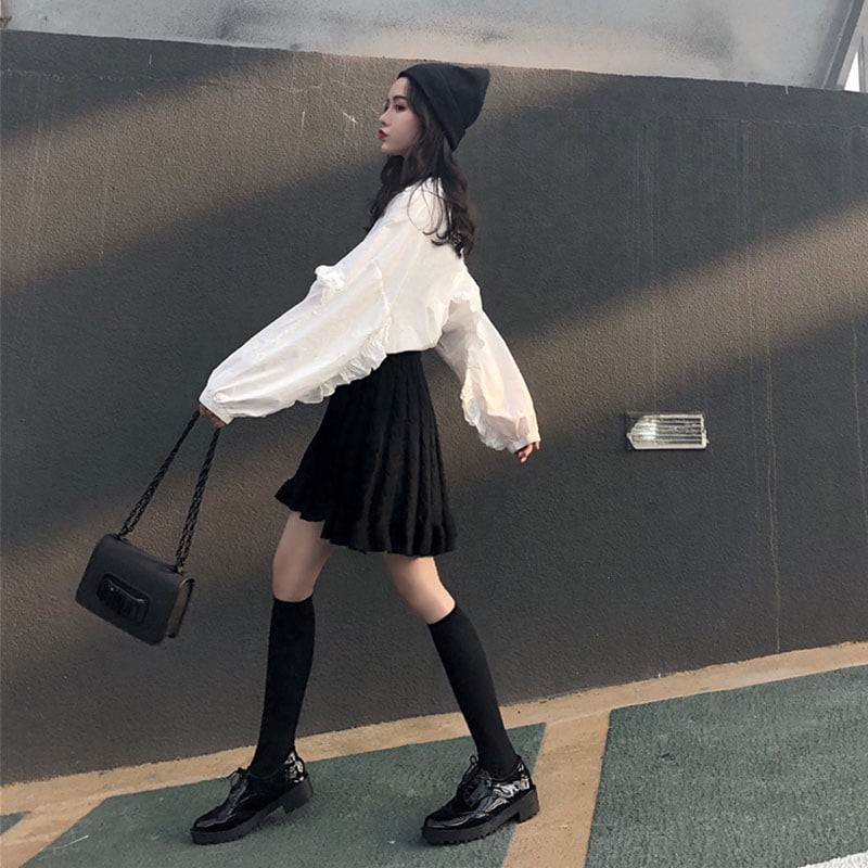 Áo sơ mi dài tay nữ phối bèo cánh dơi trắng freesize vintage ulzzang đi học đi làm