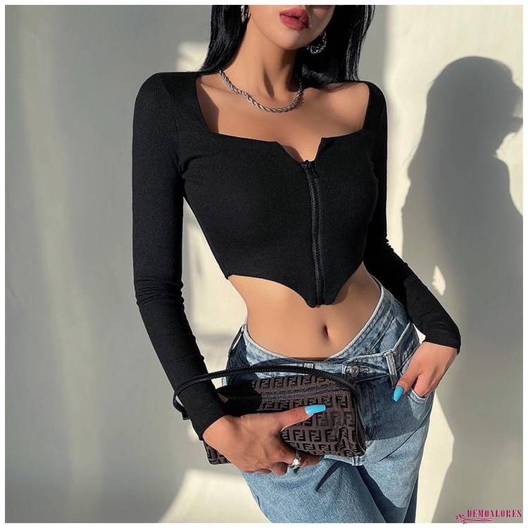 Áo Crop Top Tay Dài Màu Trơn Có Khóa Kéo Thời Trang Cho Nữ