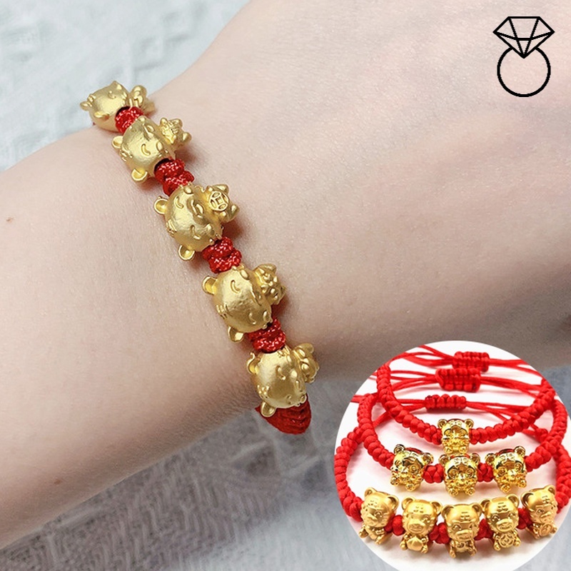 Vòng tay bện dây đỏ mặt hình con hổ mạ vàng dễ thương