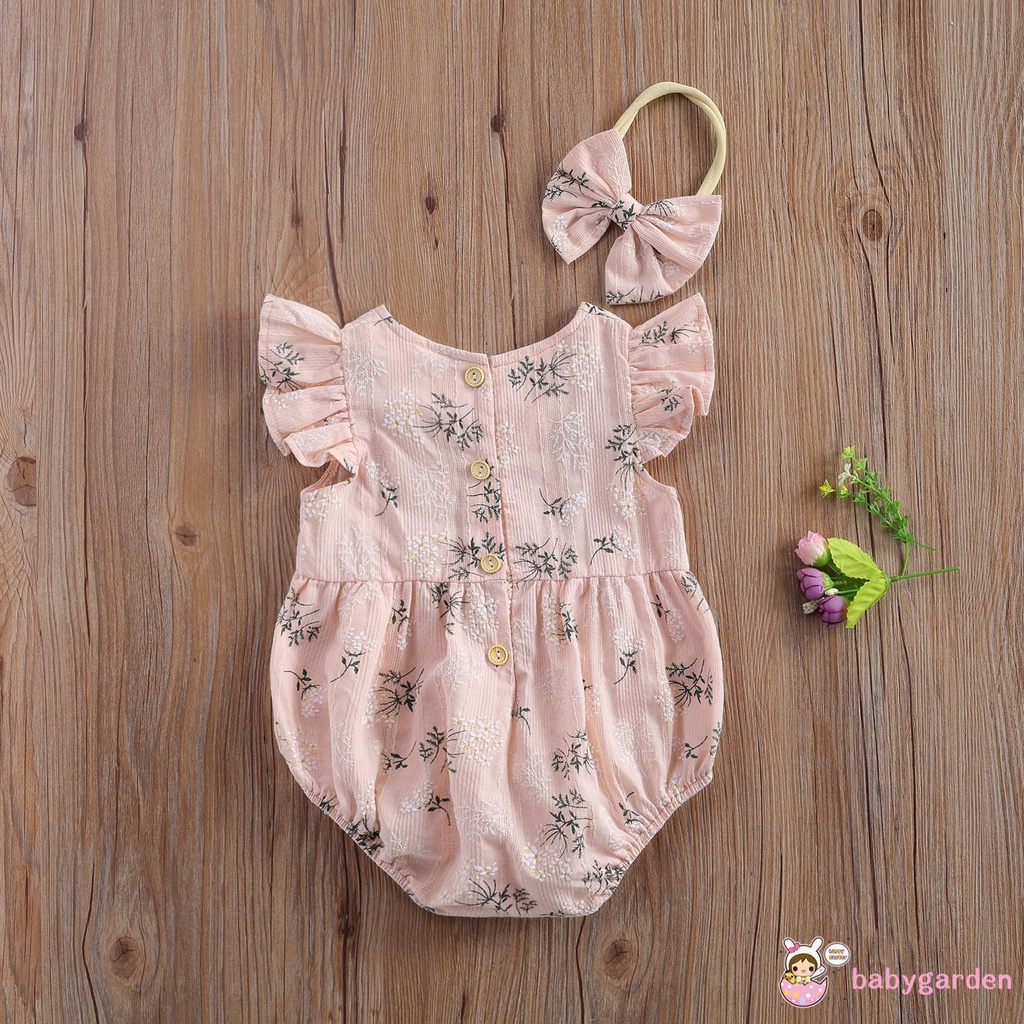 Romper tay xòe cổ tròn in họa tiết hoa kèm băng đô thời trang xinh xắn cho bé gái