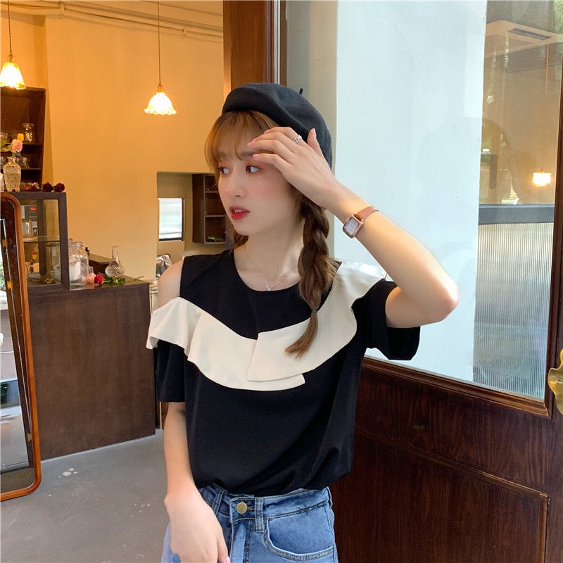 Áo Chiffon Tay Ngắn Trễ Vai Phối Bèo Màu Sắc Tương Phản Phong Cách Hàn Quốc Thời Trang Cho Nữ  tao bao